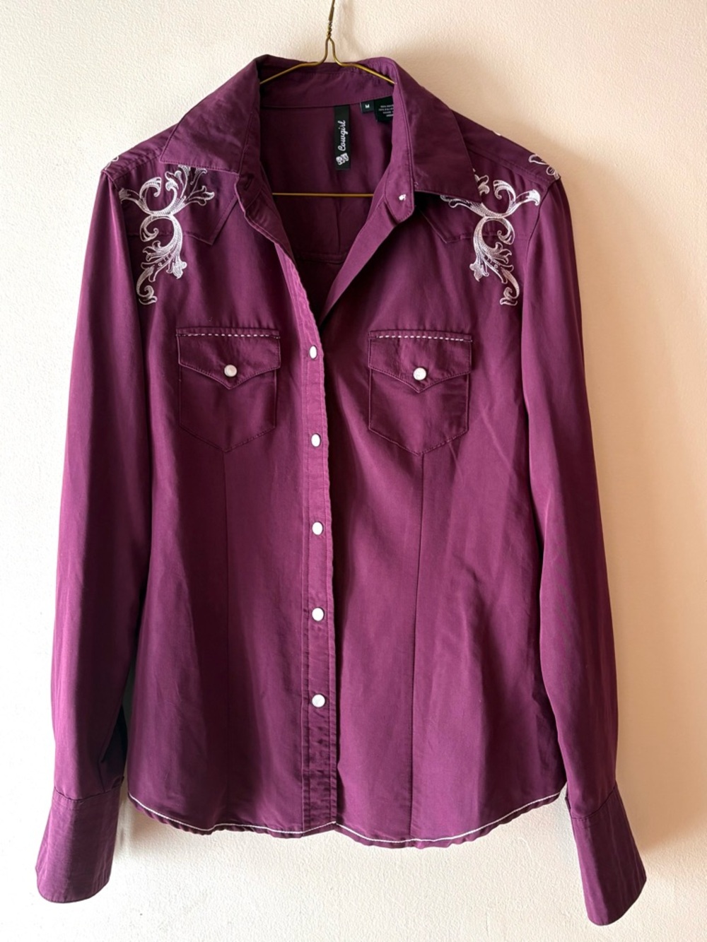 Elegant Plum/Purple Embroidered western Button Down, cowgirl Shirt, Sz M